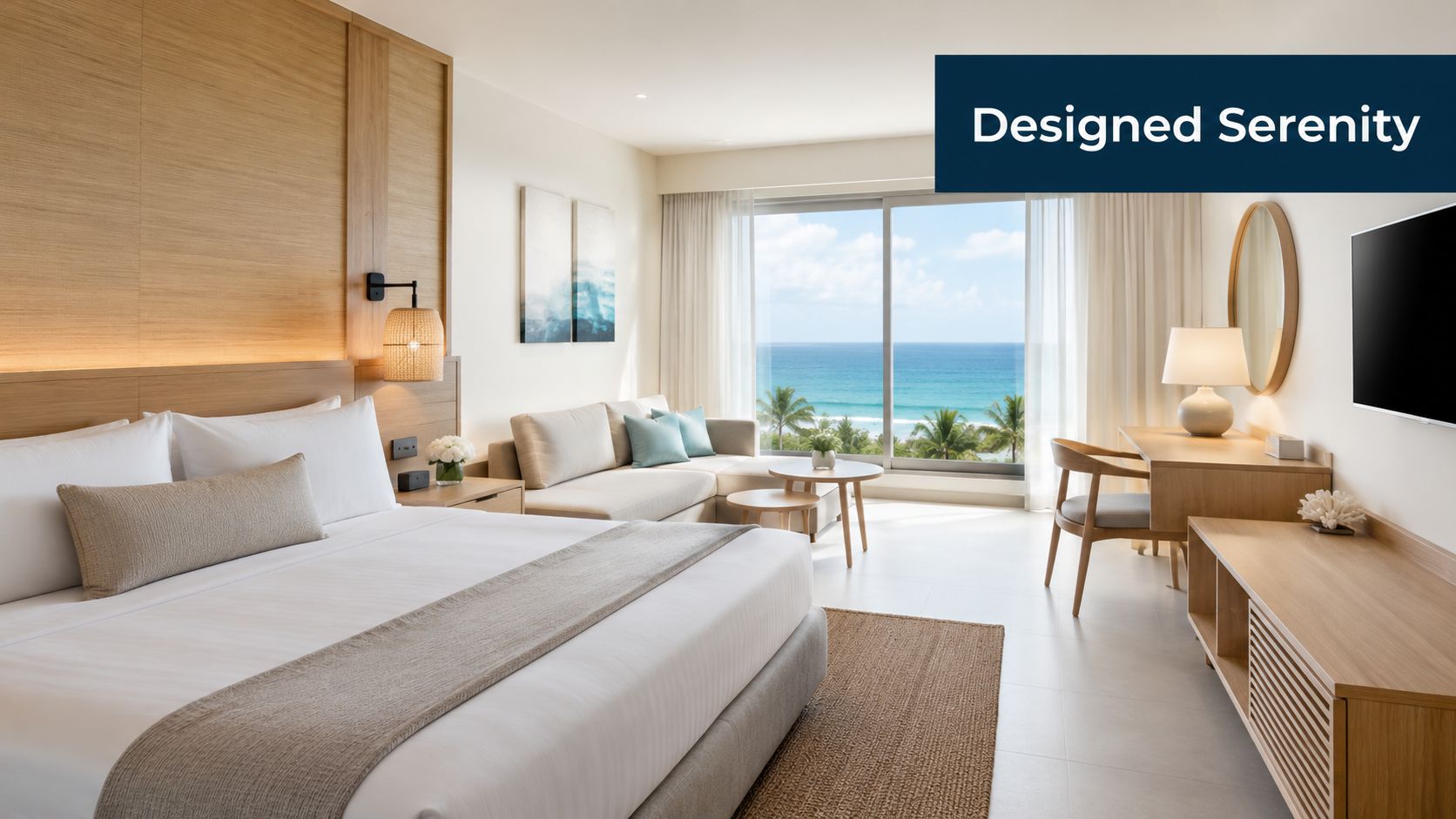 A serene hotel room with a modern design, cozy bed, and a stunning ocean view balcony.