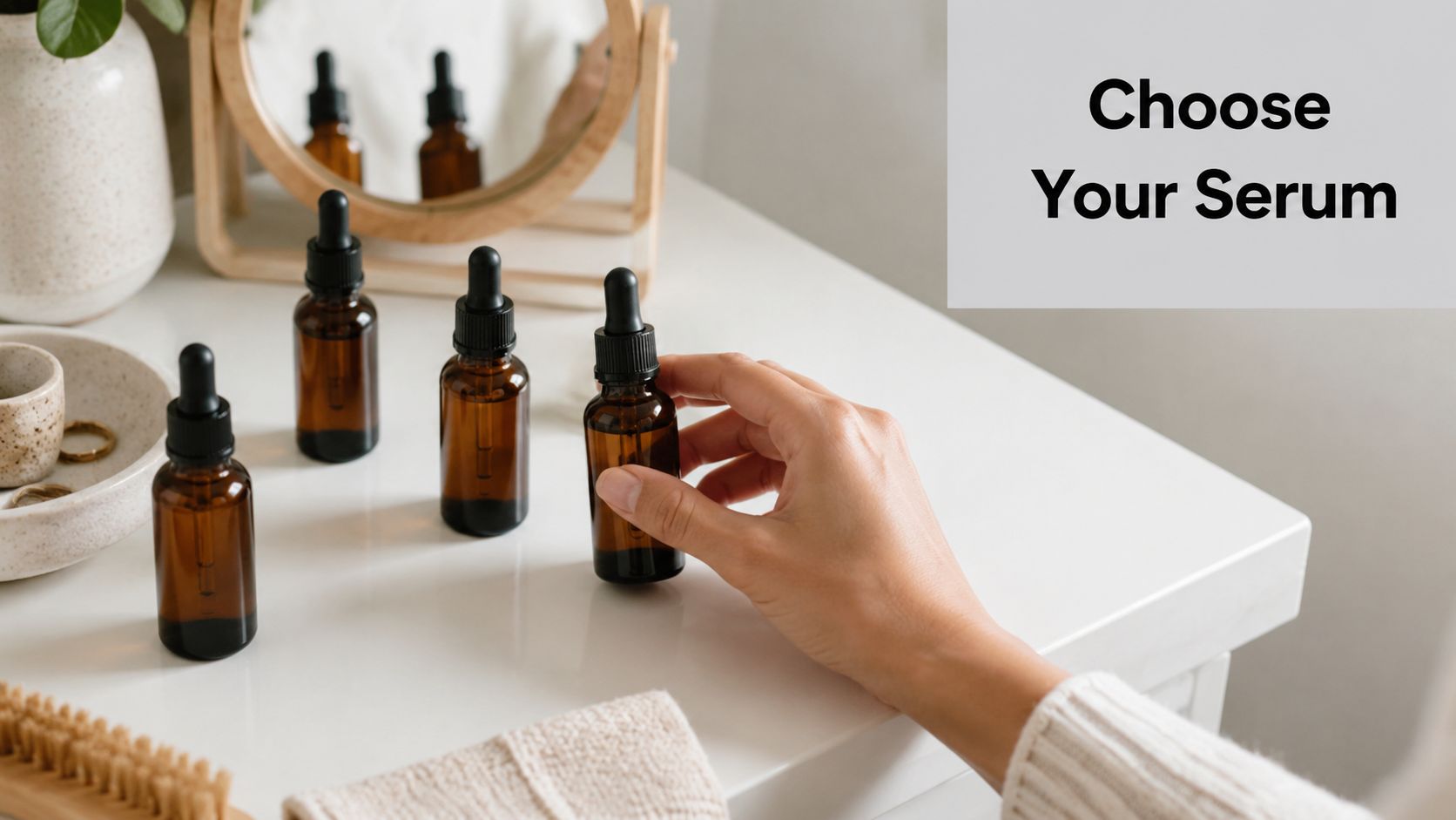 A hand selecting a small amber glass dropper bottle of facial serum from a vanity table.