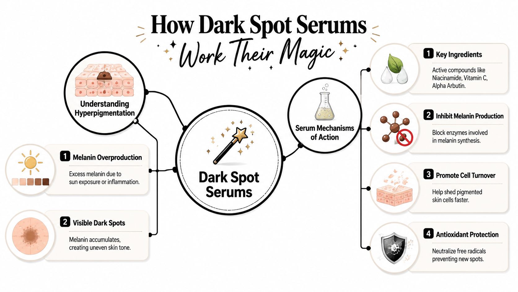 A diagram explaining how dark spot serums work, covering hyperpigmentation causes and serum mechanisms of action.
