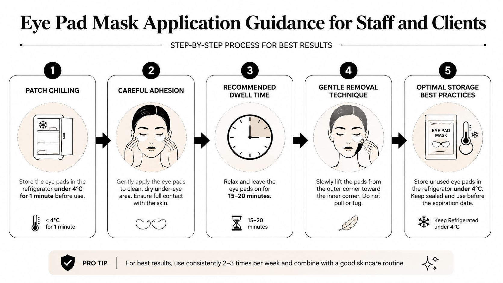 A five-step guide illustration showing how to properly apply, wear, and store cooling eye pad masks.