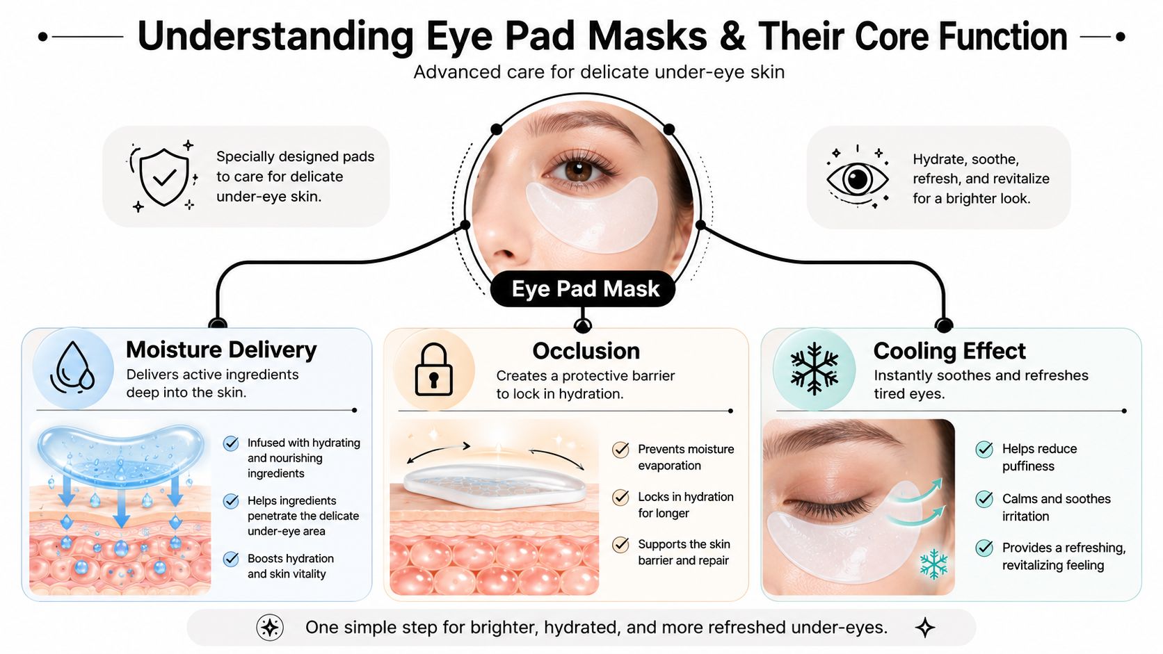 An infographic explaining the benefits and functions of under-eye pad masks for skincare and eye hydration.