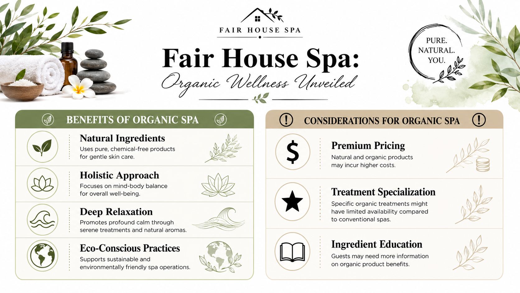 A professional infographic titled Fair House Spa detailing the various benefits and considerations of organic spa treatments.