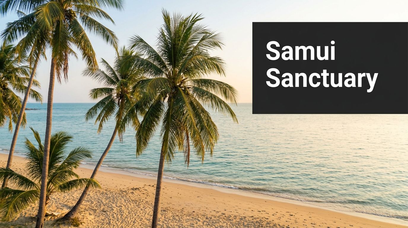 A serene tropical beach with swaying palm trees along the sandy coastline on Samui Island, Thailand.
