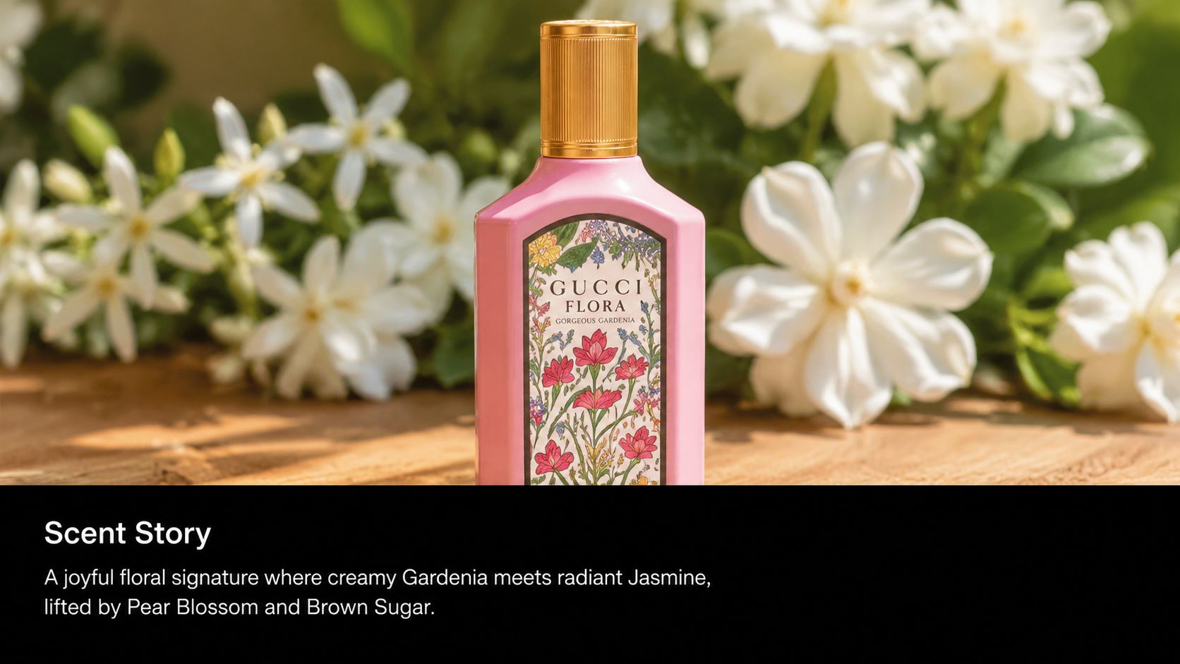 A pink bottle of Gucci Flora Gorgeous Gardenia perfume set against a background of white gardenia flowers.