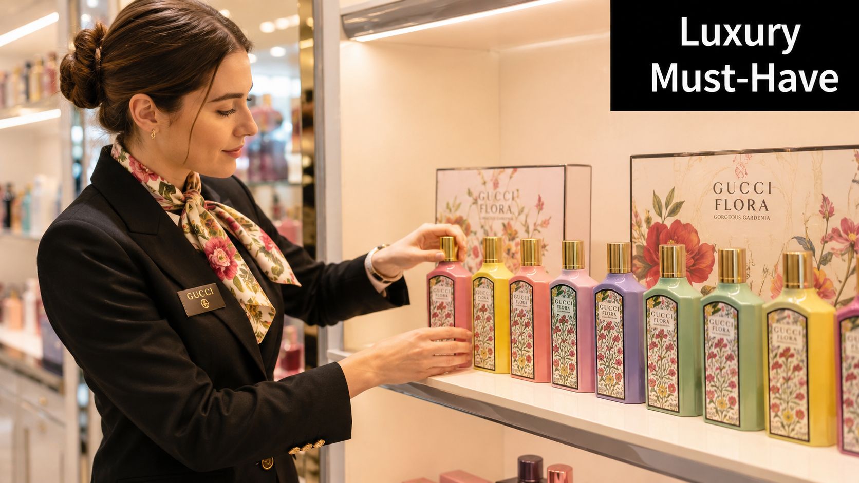 A Gucci retail assistant arranging colorful Gucci Flora perfume bottles on a display shelf in a boutique.