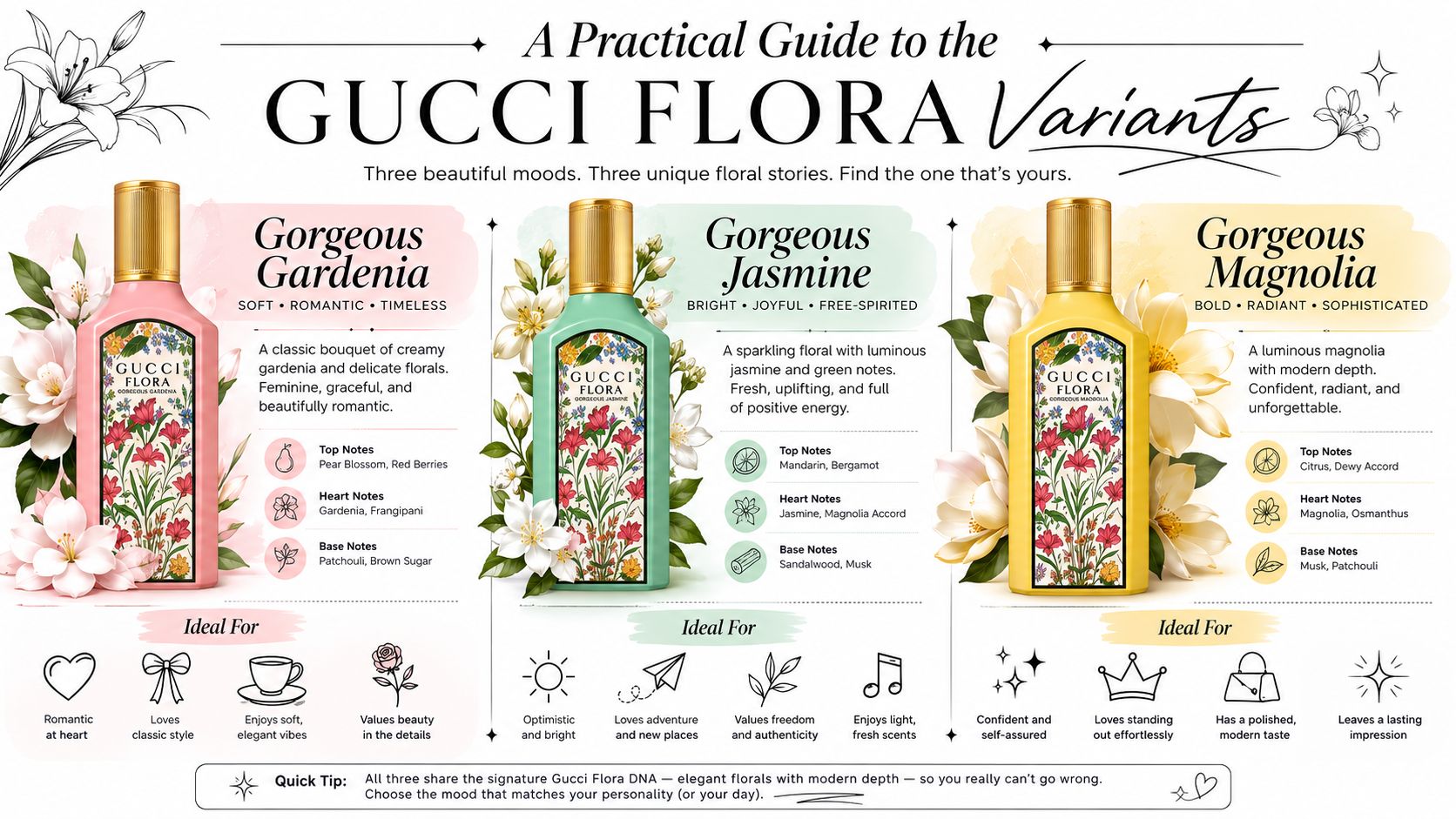 An infographic displaying three Gucci Flora perfume variants: Gorgeous Gardenia, Gorgeous Jasmine, and Gorgeous Magnolia, with descriptions.