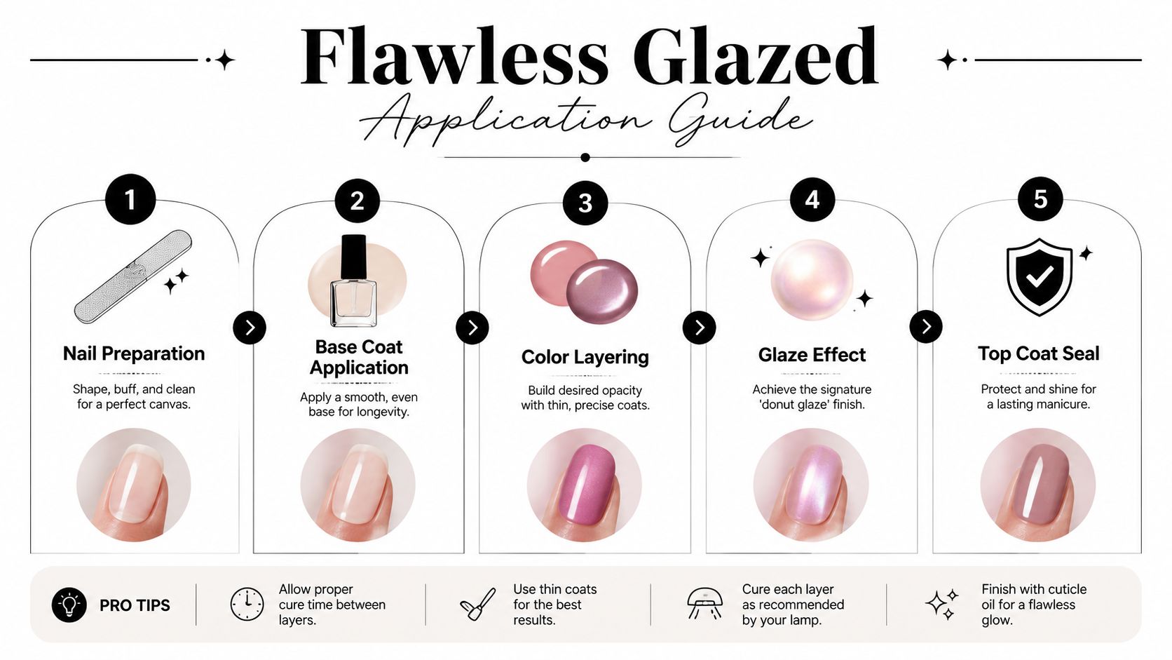 A step-by-step application guide for achieving a flawless glazed donut nail finish with professional manicure tips.