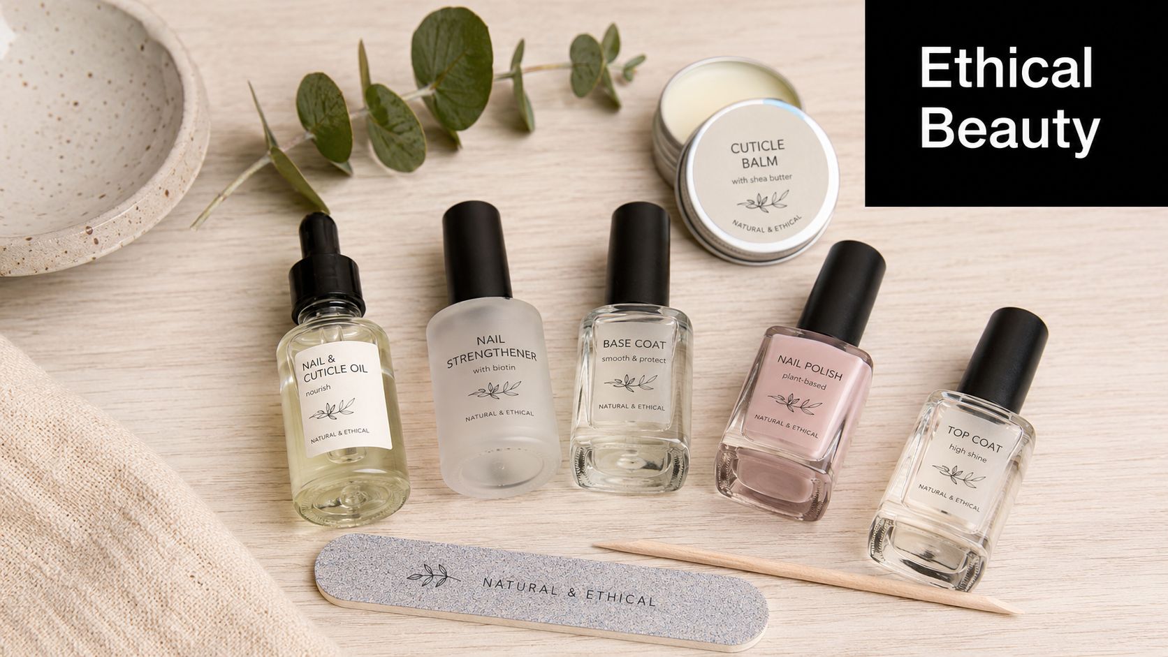 A collection of natural and ethical nail care products, including oils, polishes, and tools on a wooden surface.