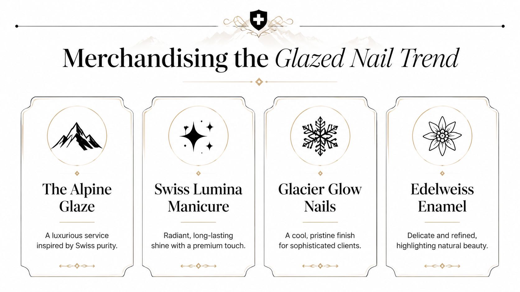 A marketing graphic titled Merchandising the Glazed Nail Trend featuring four Swiss-inspired nail service package options.