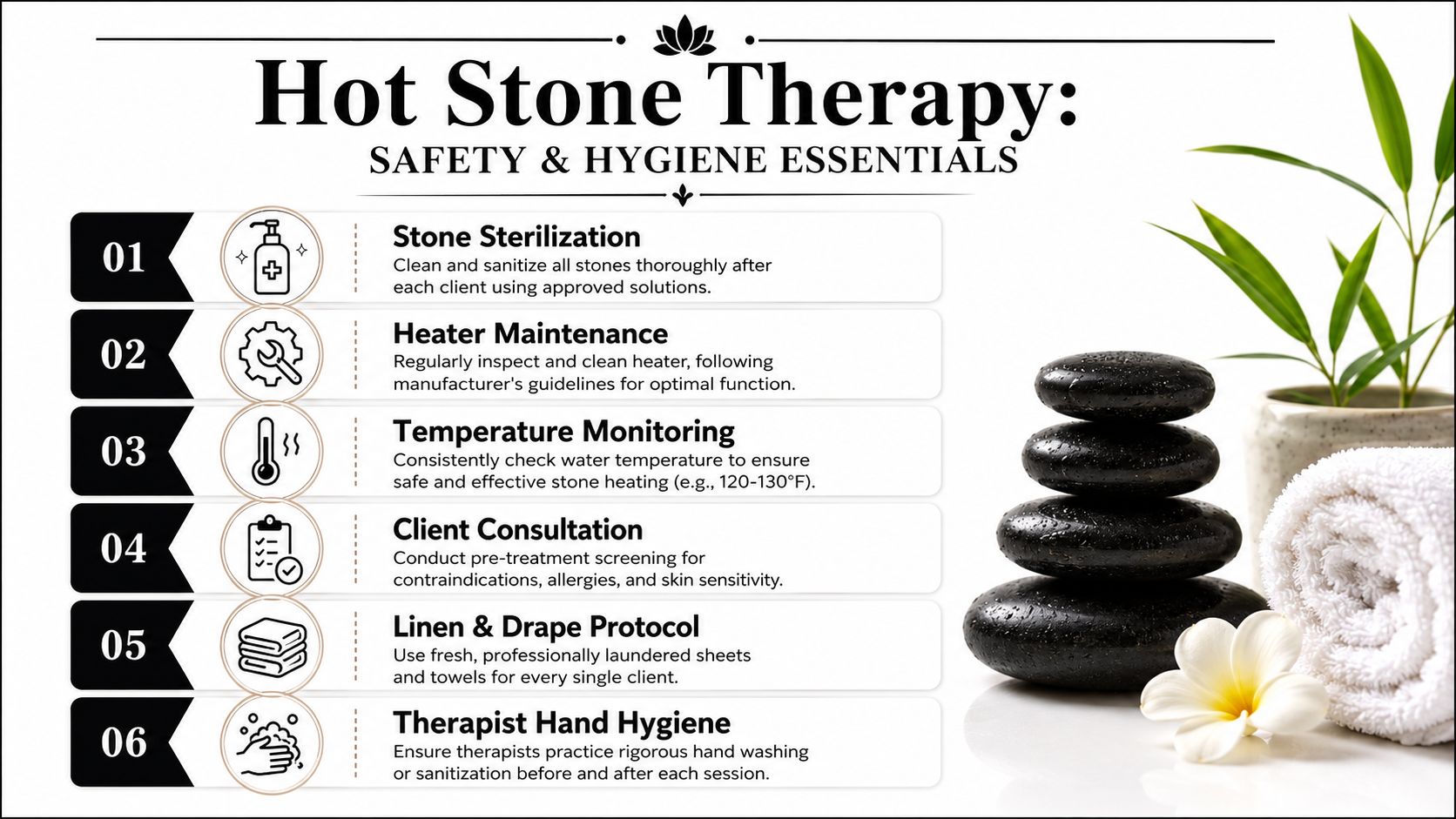 A professional infographic outlining six essential safety and hygiene protocols for conducting hot stone massage therapy.