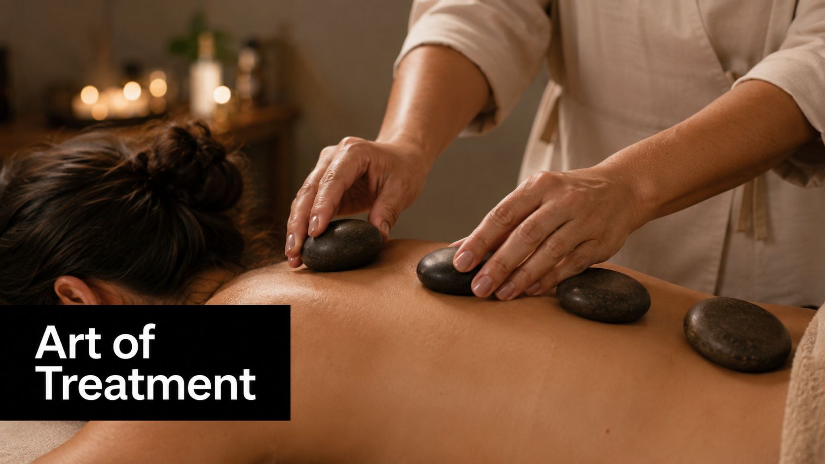 A professional massage therapist places warm smooth black stones on a woman's back during a spa treatment.