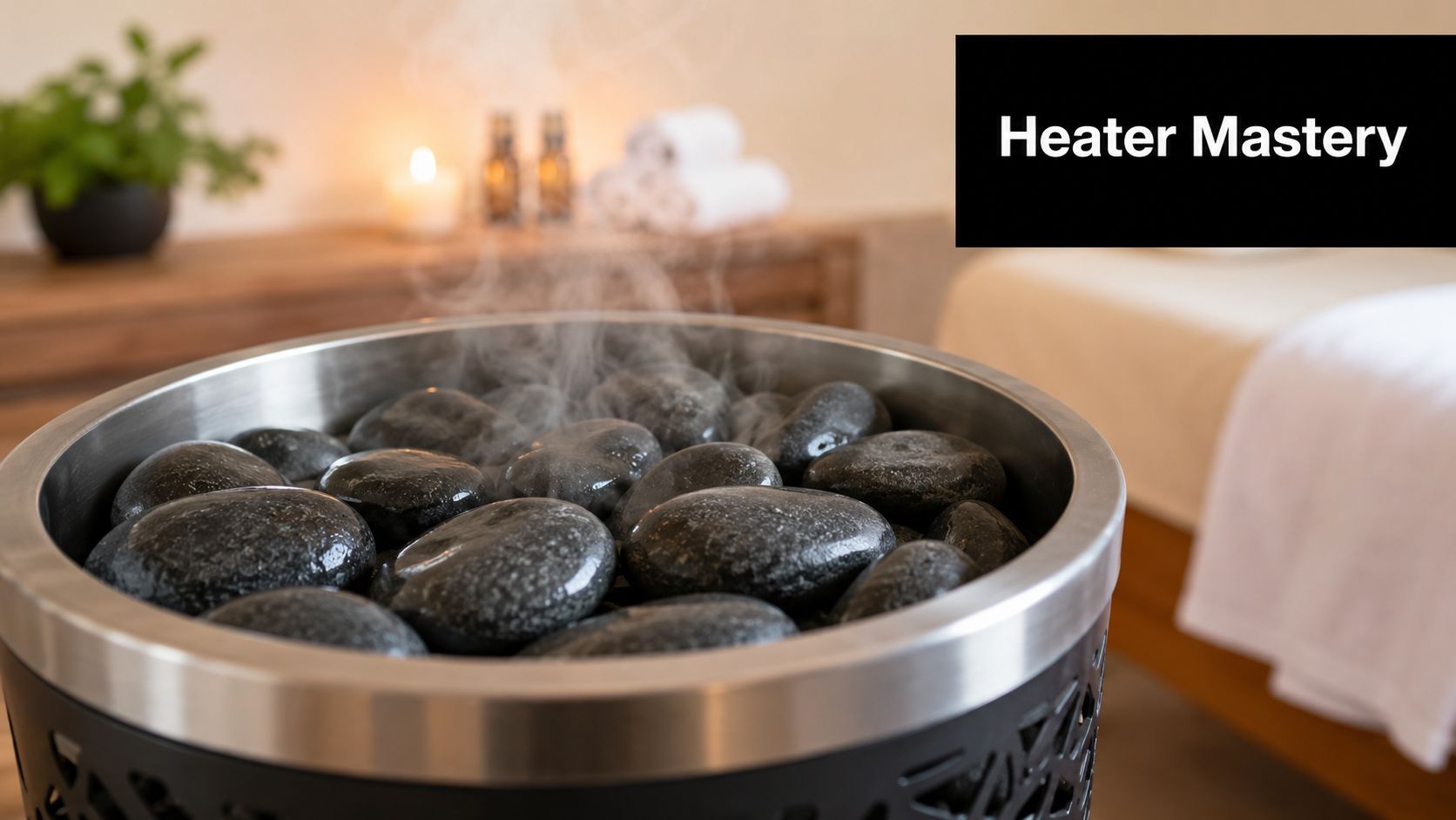 A close-up of dark hot stones being steamed in a metal bowl in a spa setting.