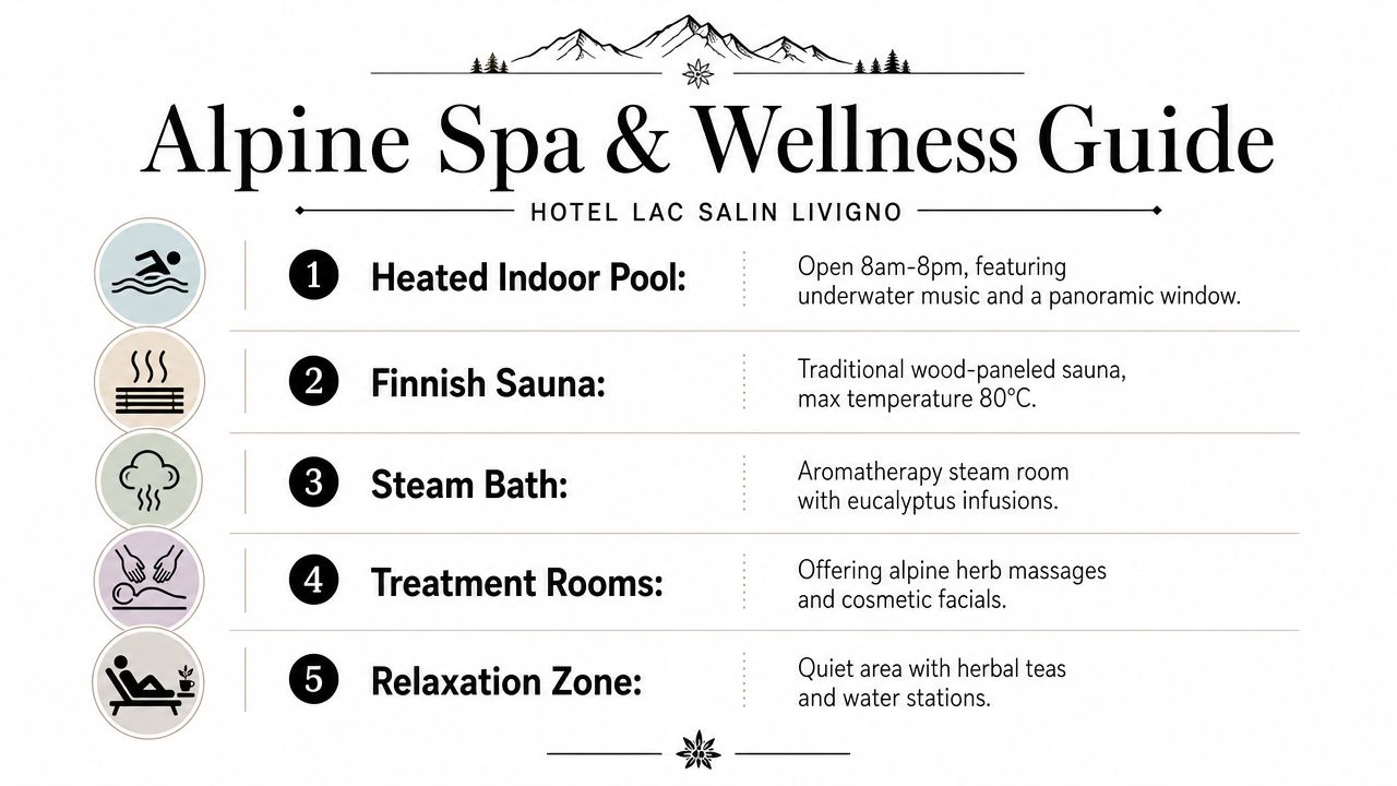 An infographic titled Alpine Spa and Wellness Guide outlining facilities at Hotel Lac Salin Livigno.