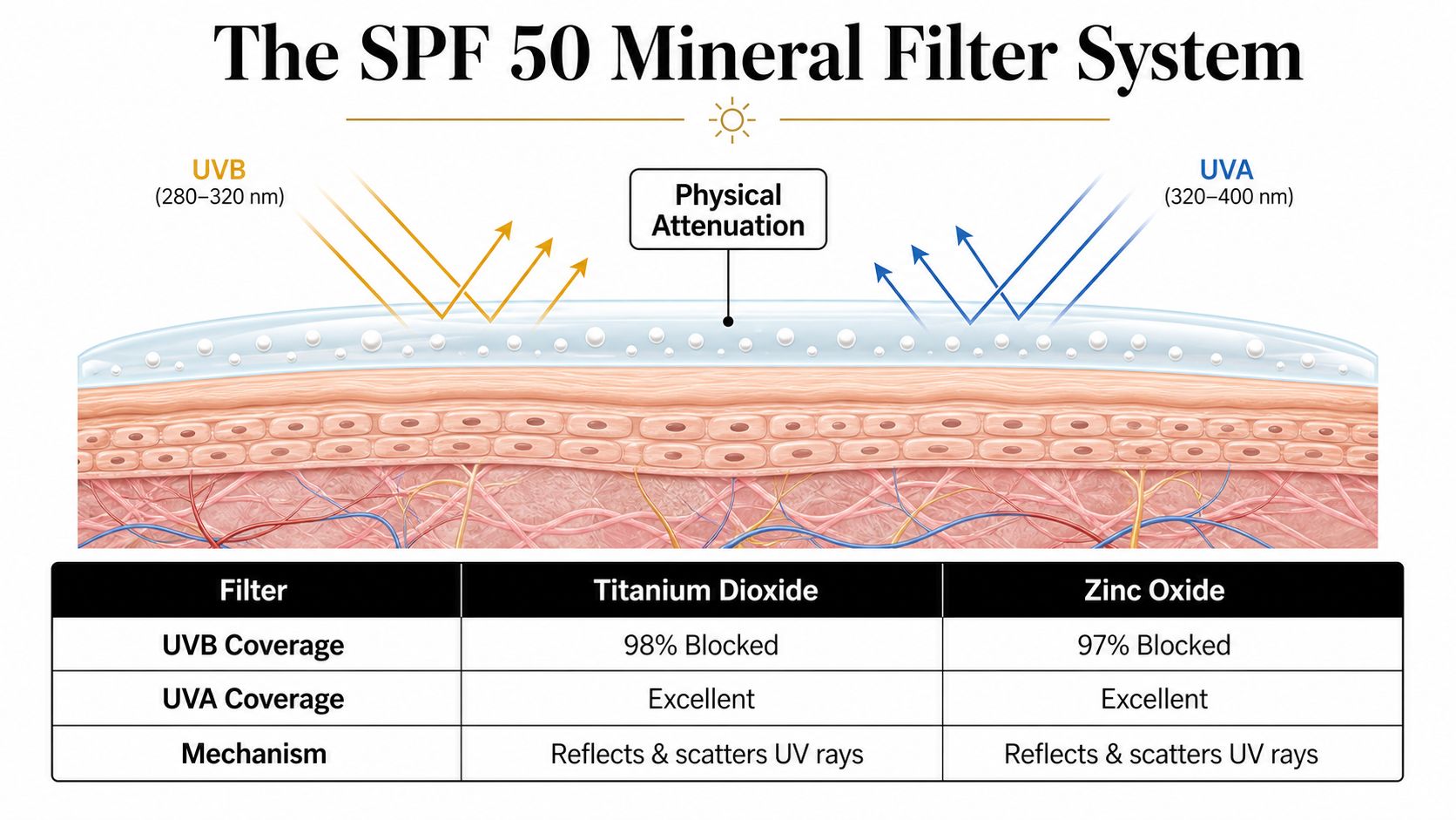 A diagram illustrating how mineral UV filters, titanium dioxide and zinc oxide, reflect and scatter UV radiation.