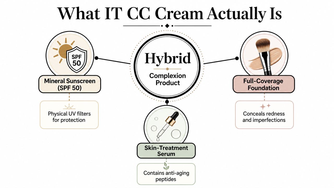 An infographic illustrating that IT CC Cream is a hybrid product combining mineral sunscreen, foundation, and skincare serum.