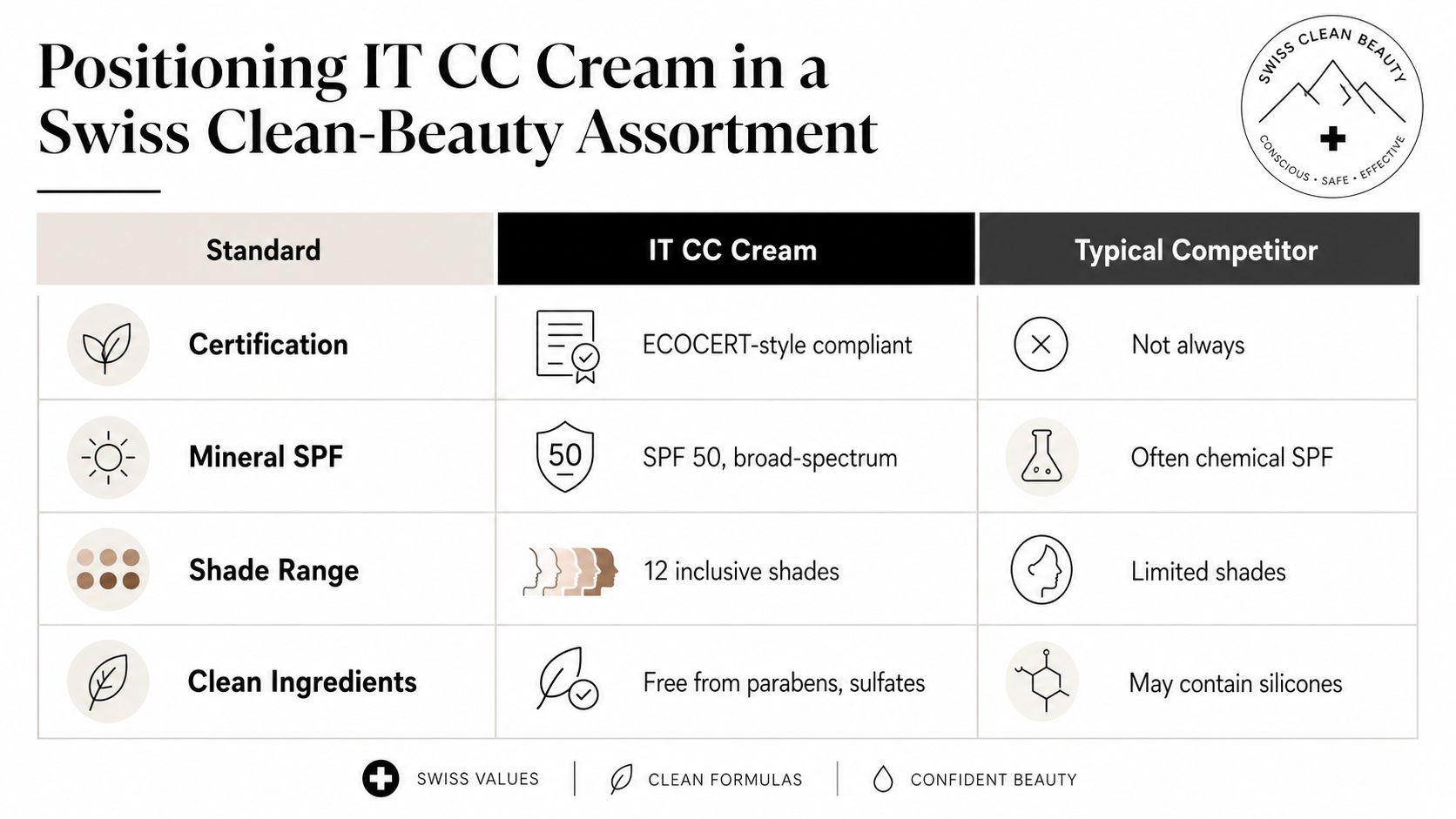 A comparison table showcasing IT CC Cream standards versus typical competitors across certification, SPF, and ingredients.