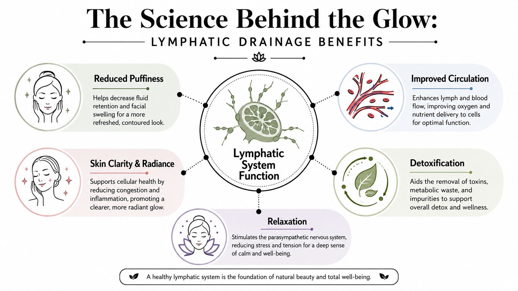 An infographic titled The Science Behind the Glow explaining the key benefits of facial lymphatic drainage.