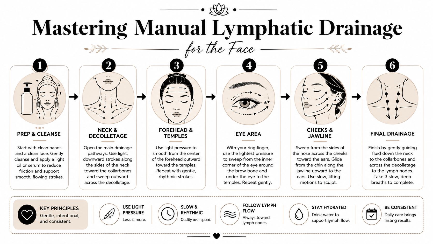 A step-by-step infographic titled Mastering Manual Lymphatic Drainage for the Face showing techniques for healthy skin.