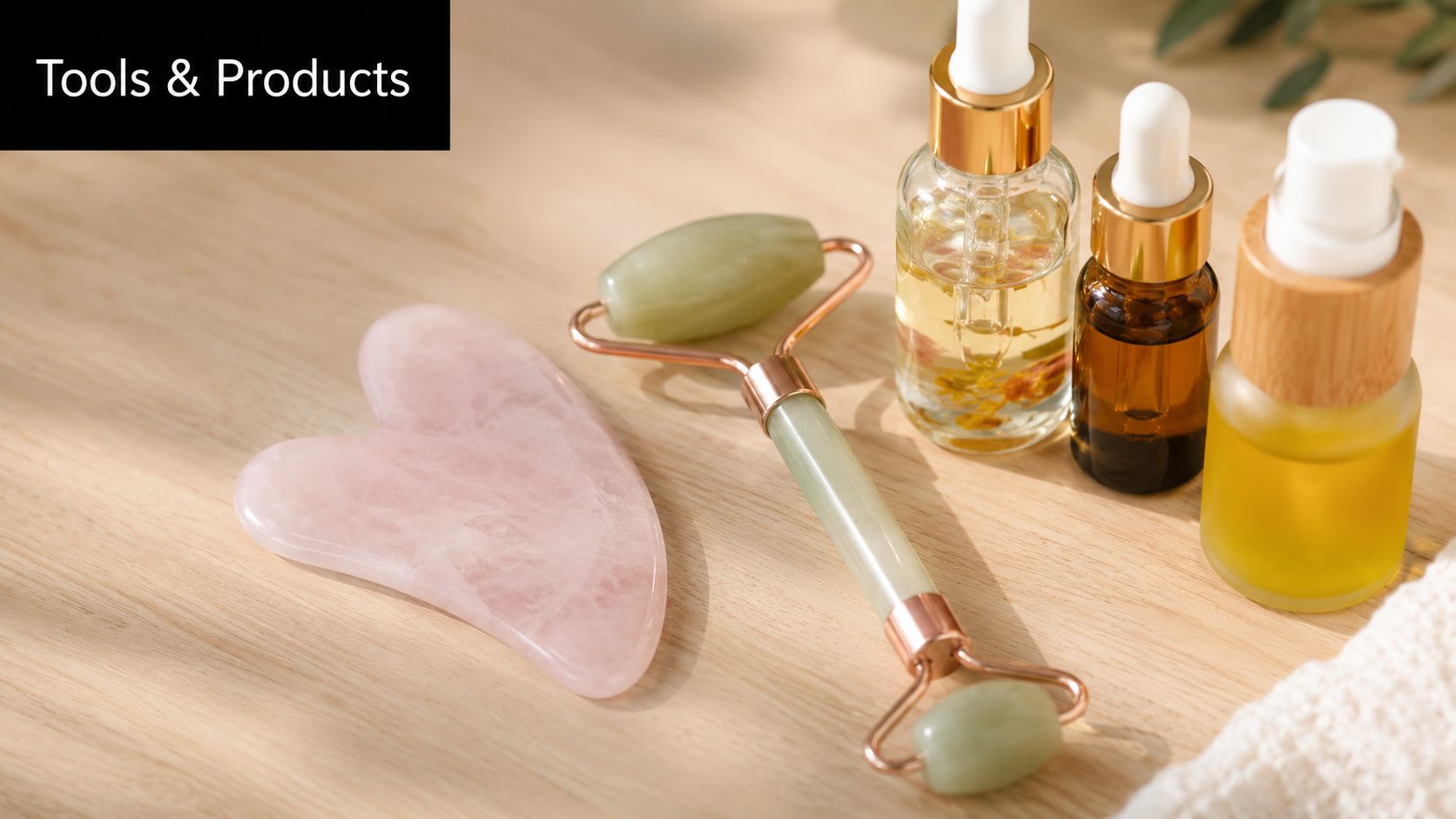 A rose quartz gua sha tool, a jade roller, and skincare bottles arranged on a wooden table.
