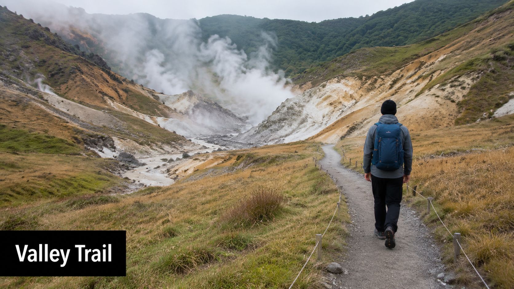 A hiker with a backpack walking on a gravel trail toward a misty geothermal valley in Iceland.