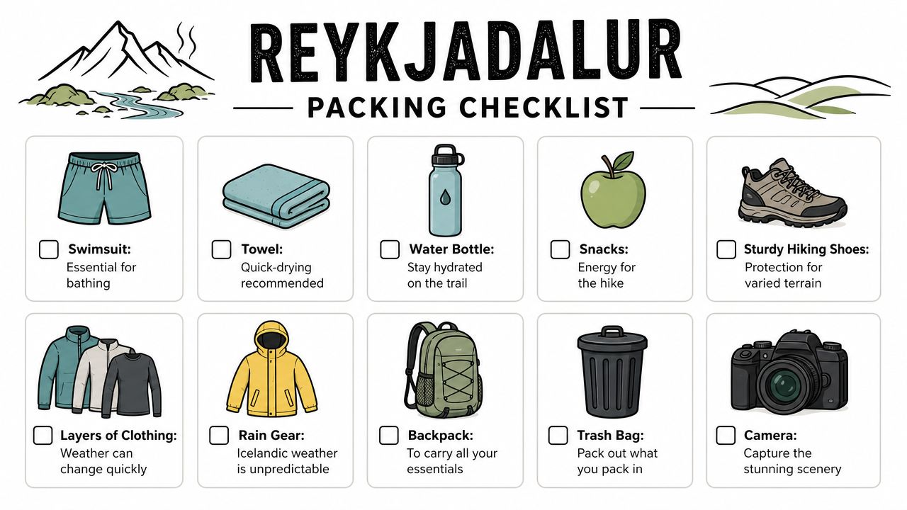 A visual packing checklist for hiking the Reykjadalur thermal river including essentials like clothing, gear, and supplies.