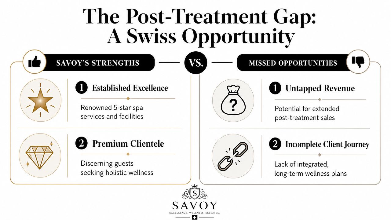 A comparison chart showing Savoy resort's 5-star service strengths versus its missed post-treatment revenue opportunities.