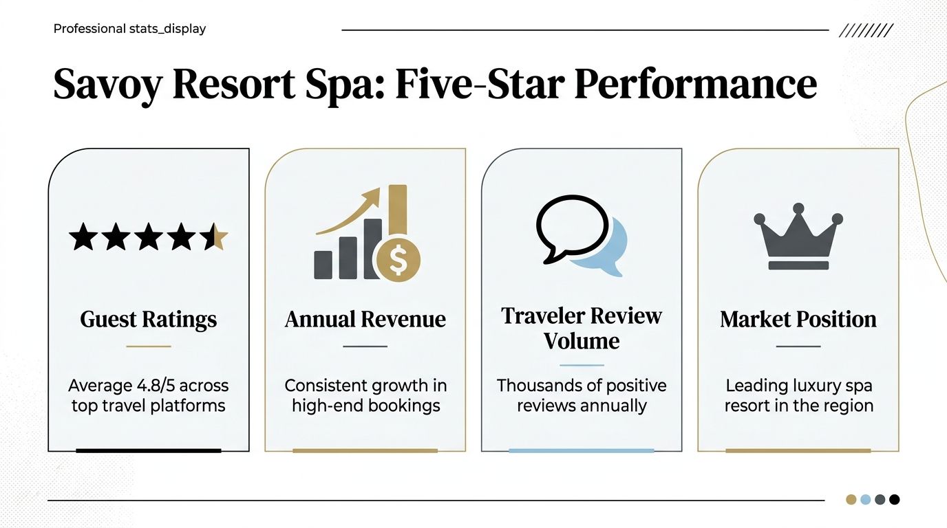 A professional infographic titled Savoy Resort Spa displaying metrics for guest ratings, annual revenue, reviews, and market position.