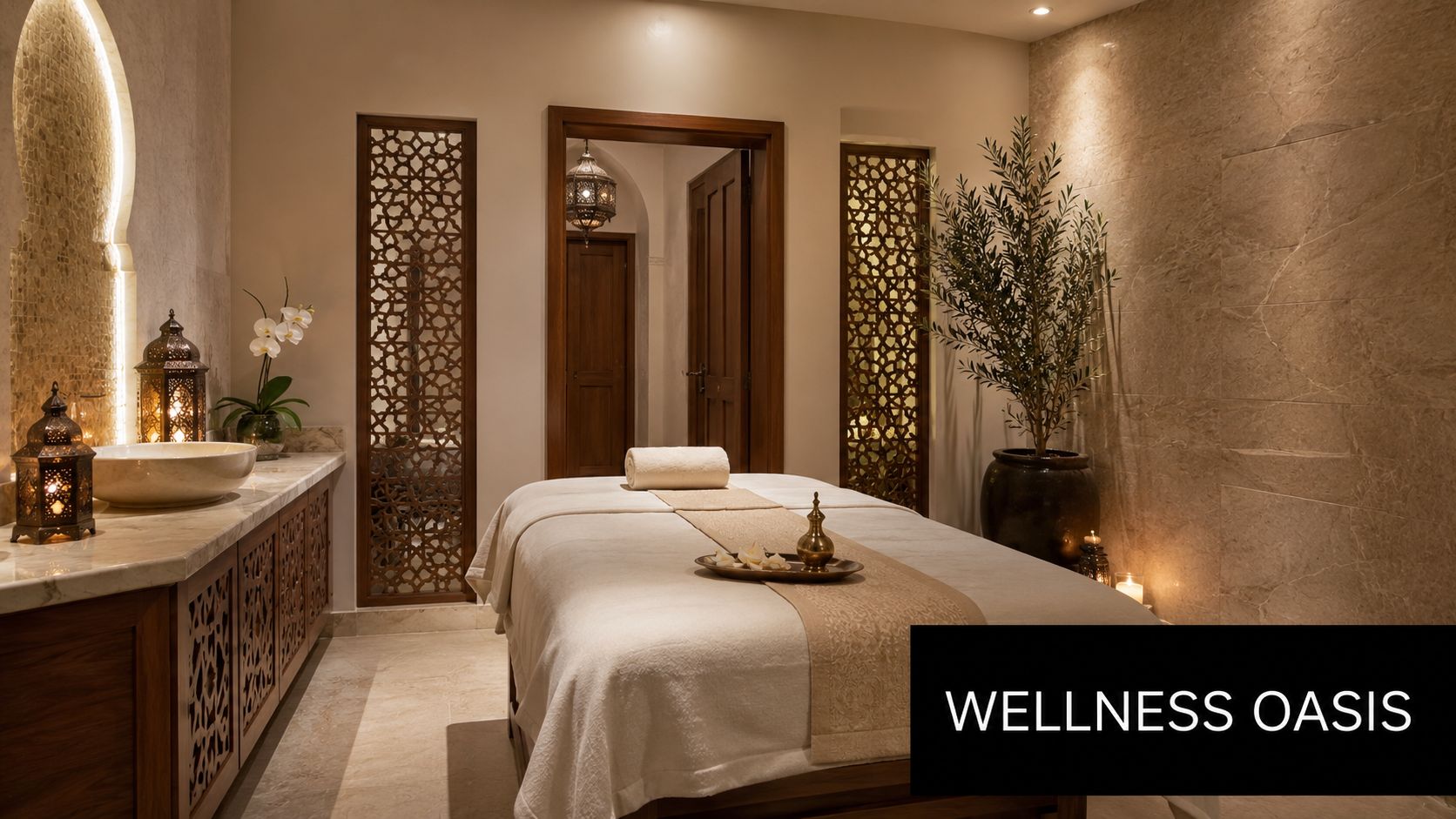 A luxurious, warm-toned spa treatment room at the Shangri La Hotel Oman featuring a massage table and decor.