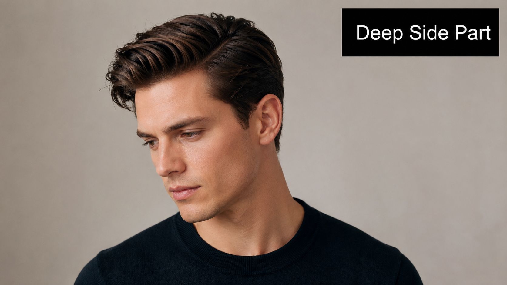 A close-up shot of a man with a stylish deep side part hairstyle looking down thoughtfully.