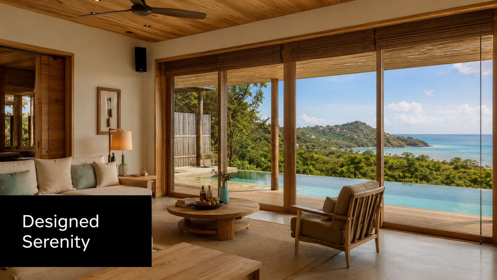 A luxurious villa living room with floor-to-ceiling windows overlooking a private infinity pool and the ocean.