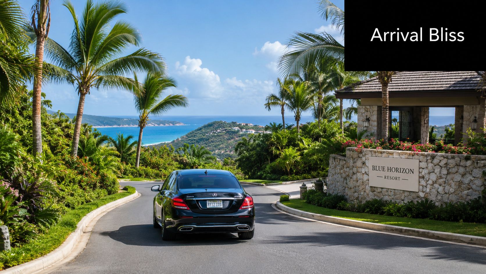 A black Mercedes-Benz driving down a scenic tropical driveway toward the Blue Horizon Resort entrance.
