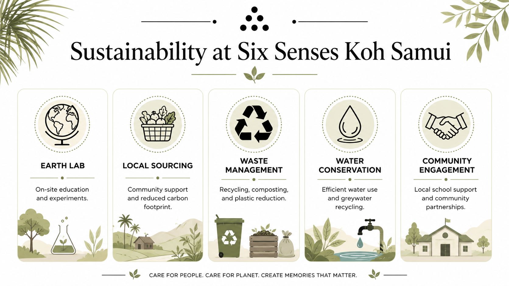 An infographic detailing five key sustainability pillars at Six Senses Koh Samui, including conservation and community engagement.