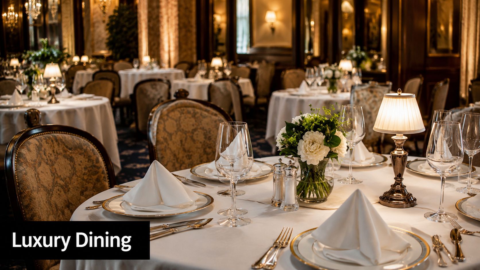 An elegant, formal dining room setup with white tablecloths, fine china, and warm table lamps in a luxury hotel.