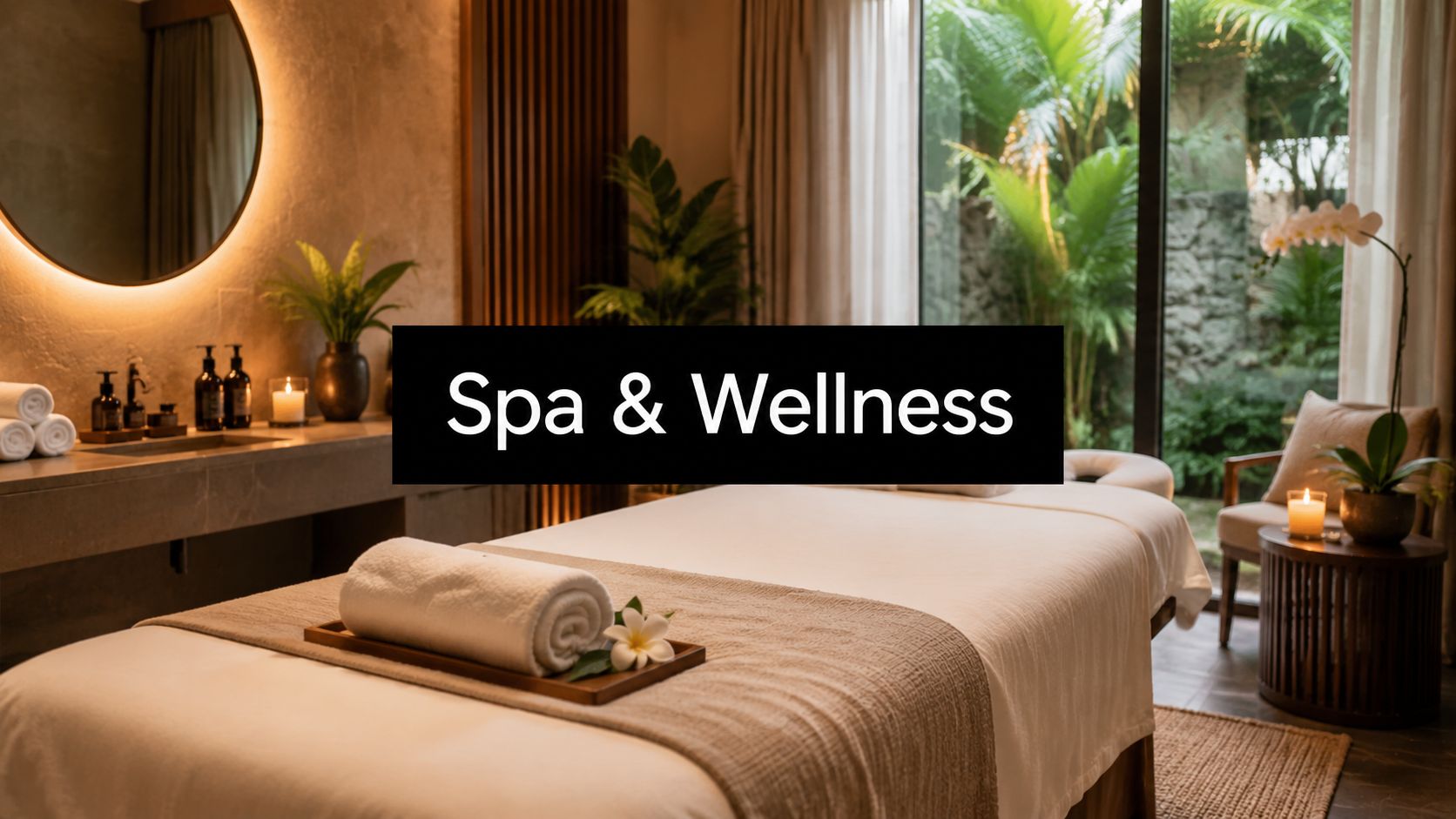 A serene luxury spa treatment room with a massage table, candles, and tropical plants view.