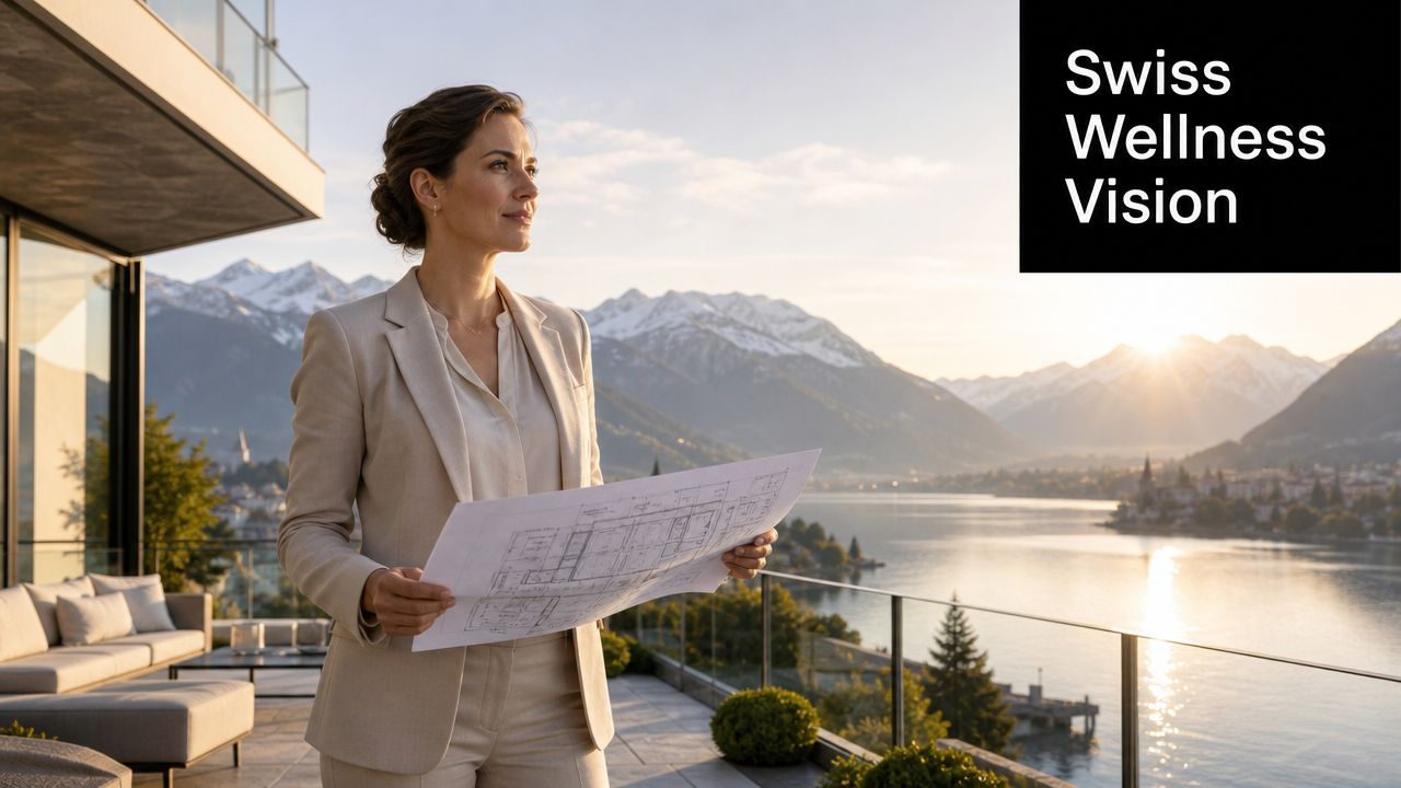 A professional woman in a suit holds architectural blueprints on a luxury balcony overlooking Swiss mountains.