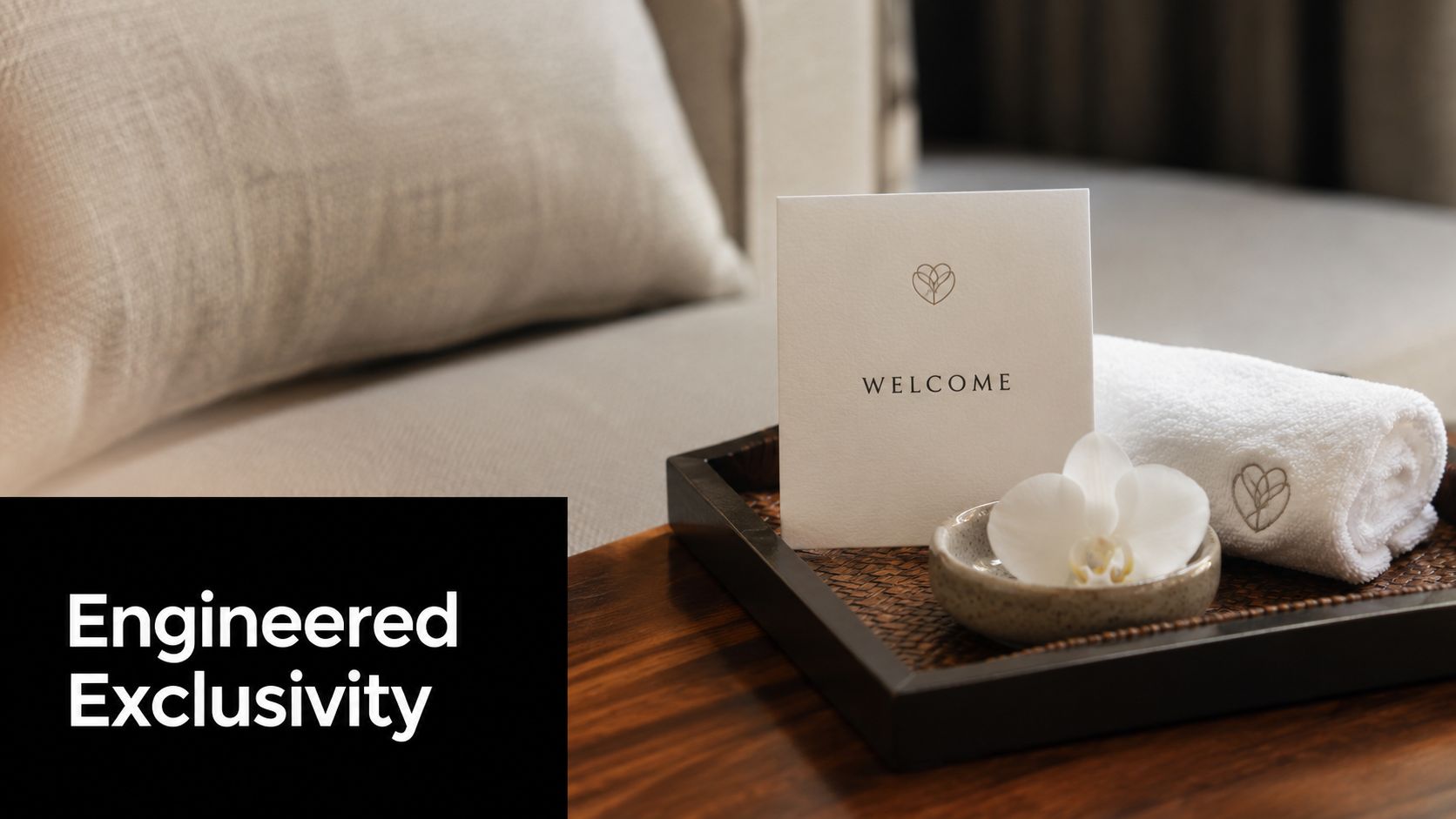 A welcoming greeting card, a small orchid in a bowl, and a towel on a wooden tray.