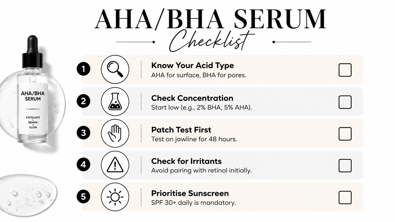 A checklist infographic providing five essential tips for using an AHA BHA exfoliating skincare serum safely.
