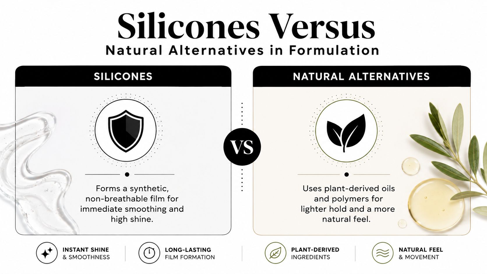 A comparison infographic between synthetic silicones and plant-derived natural alternatives for hair or skincare formulations.