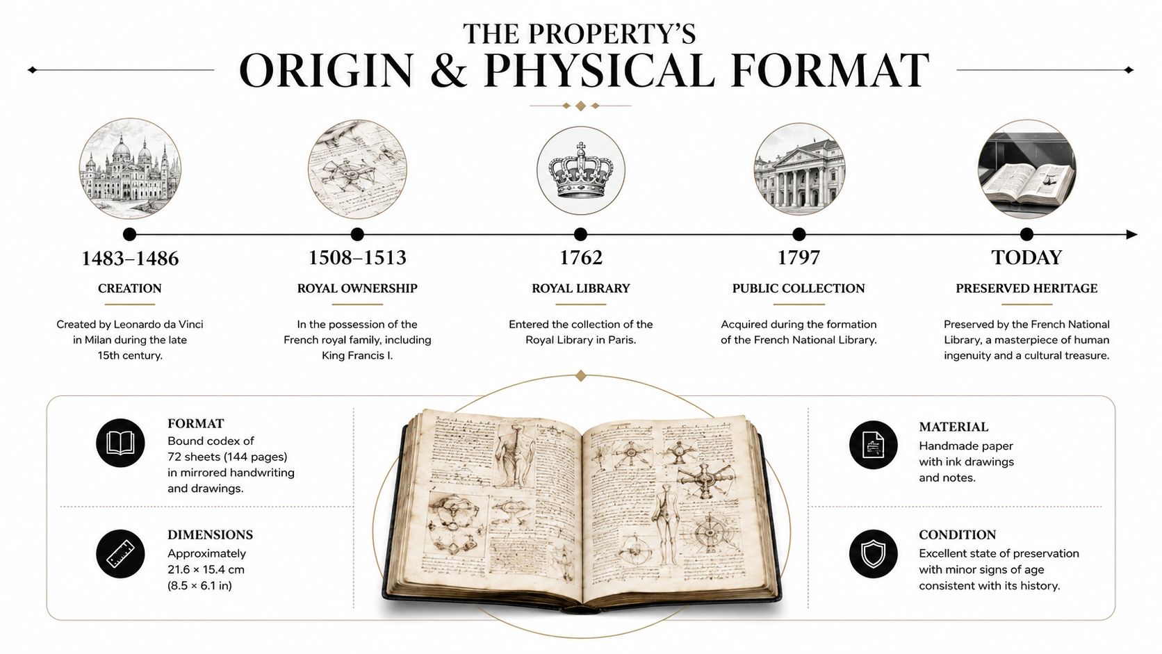 A timeline graphic showing the historical creation, ownership, and preservation of a Leonardo da Vinci codex manuscript.