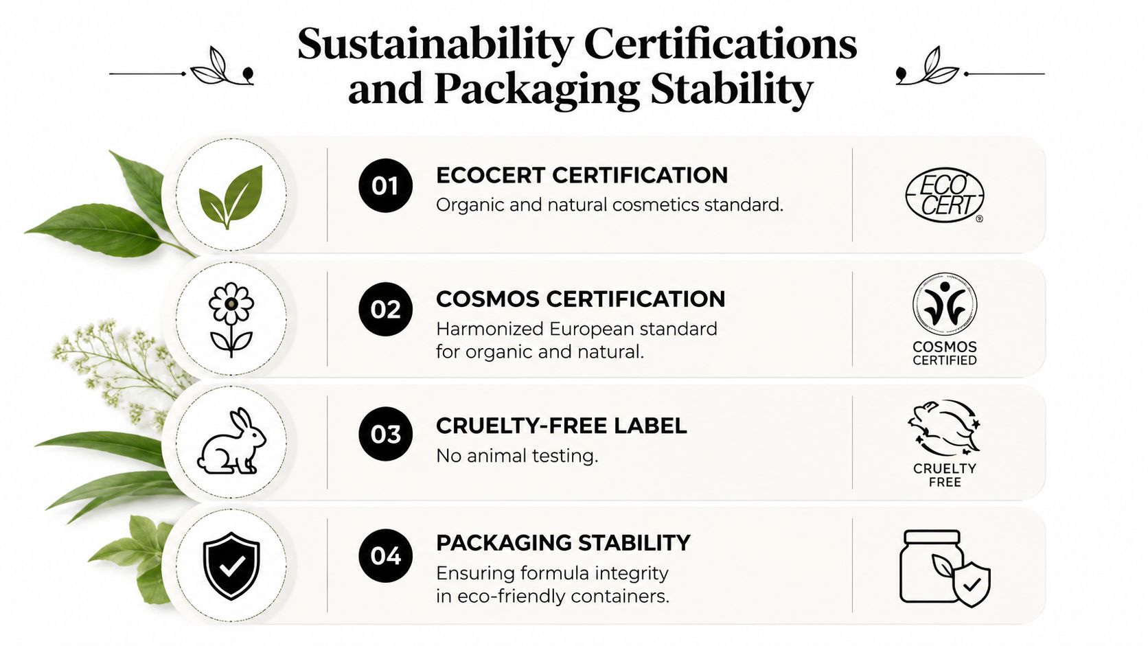An infographic showing four key sustainability certifications and packaging standards for eco-friendly cosmetic products.
