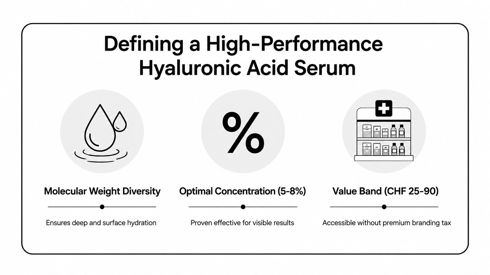 A graphic defining high-performance hyaluronic acid serum through molecular weight diversity, optimal concentration, and value pricing.