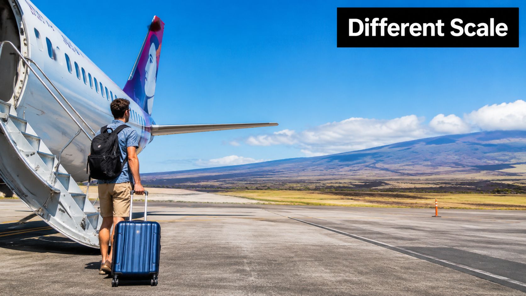 A traveler with a backpack and suitcase walking towards a Hawaiian Airlines plane on a sunny tarmac.