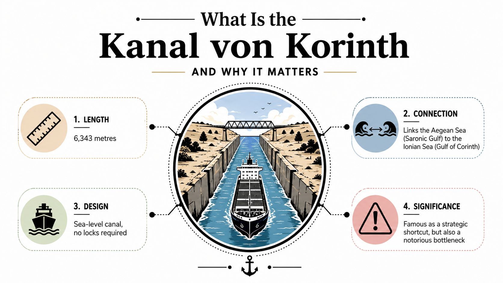 An infographic titled Kanal von Korinth displaying key facts about the length, connection, design, and significance.
