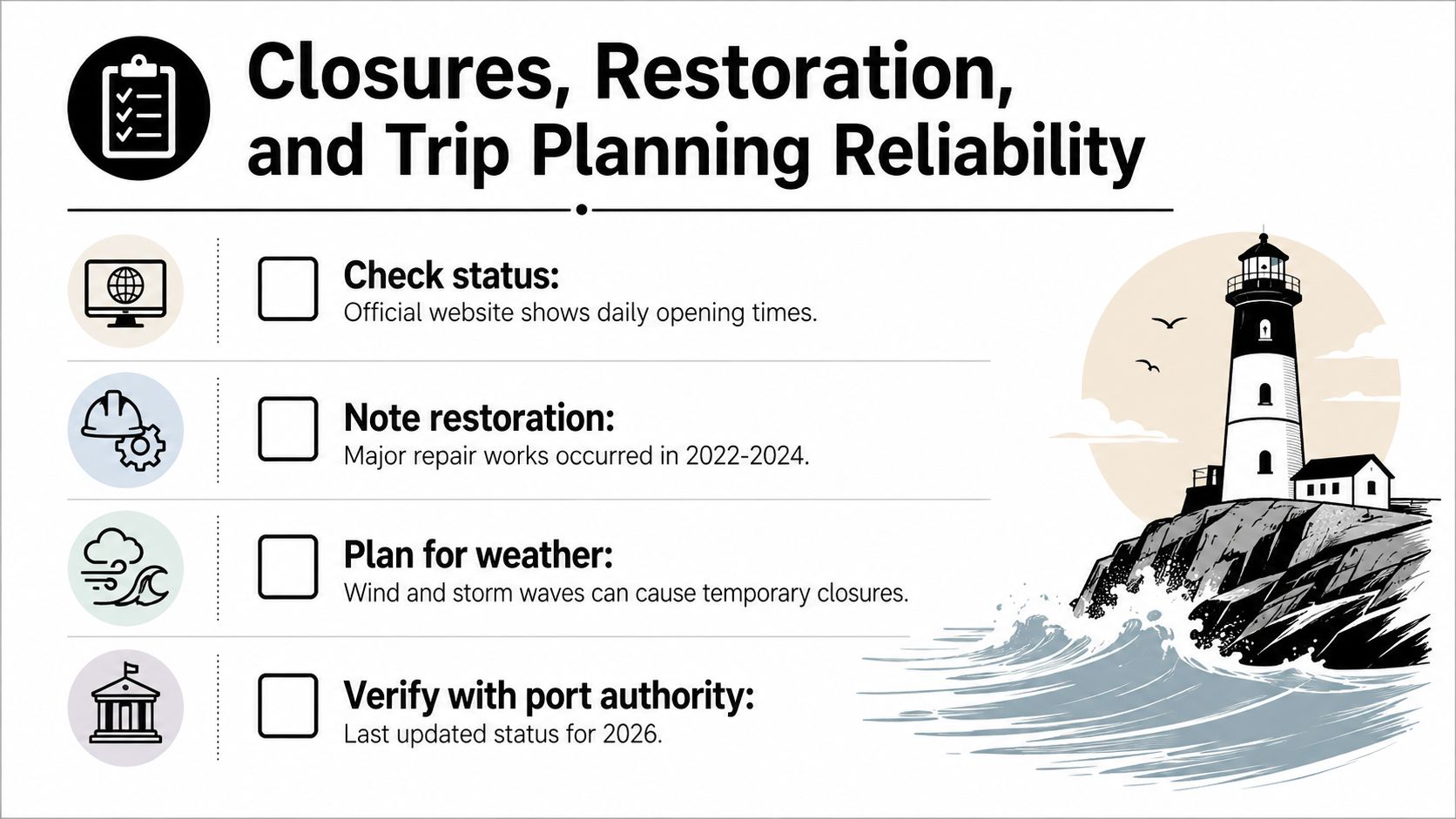 An infographic detailing travel planning steps including checking status, noting restoration, weather updates, and port authority verification.