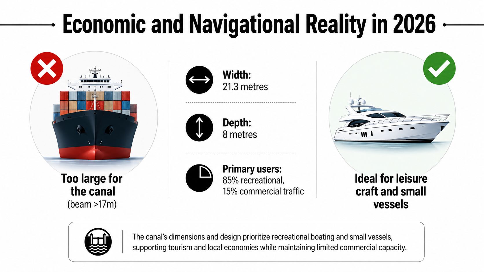 An infographic illustrating the 2026 economic and navigational constraints for the Corinth Canal, featuring vessel size restrictions.