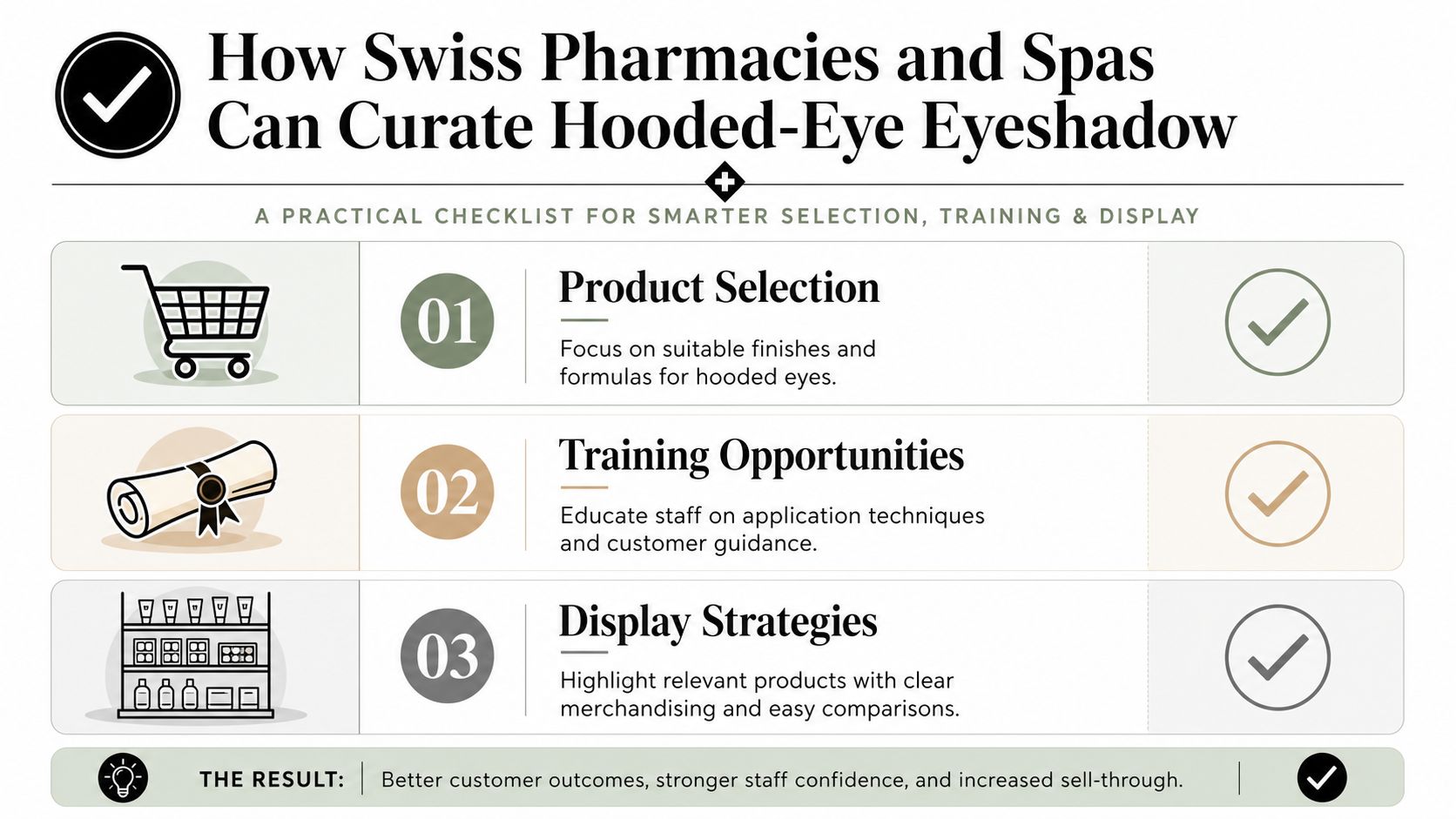 A professional infographic titled How Swiss Pharmacies and Spas Can Curate Hooded-Eye Eyeshadow showing a three-step business checklist.