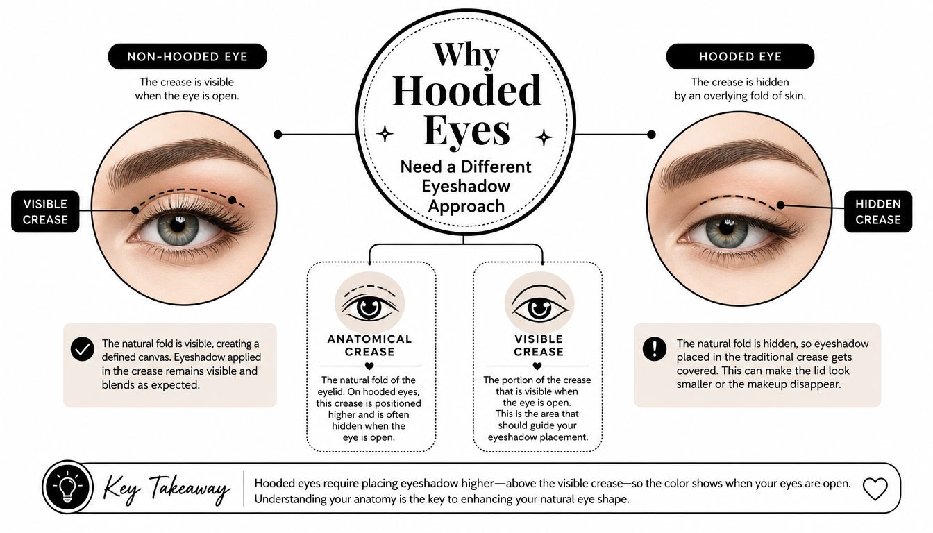 An infographic showing the difference between non-hooded and hooded eyes to help with eyeshadow application techniques.