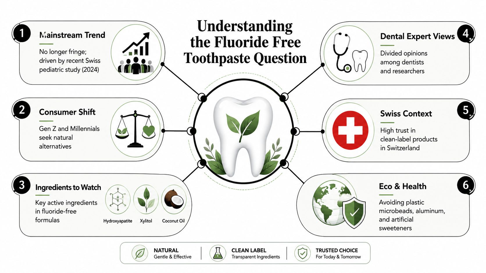 An infographic titled Understanding the Fluoride Free Toothpaste Question, displaying six key factors surrounding natural oral care trends.