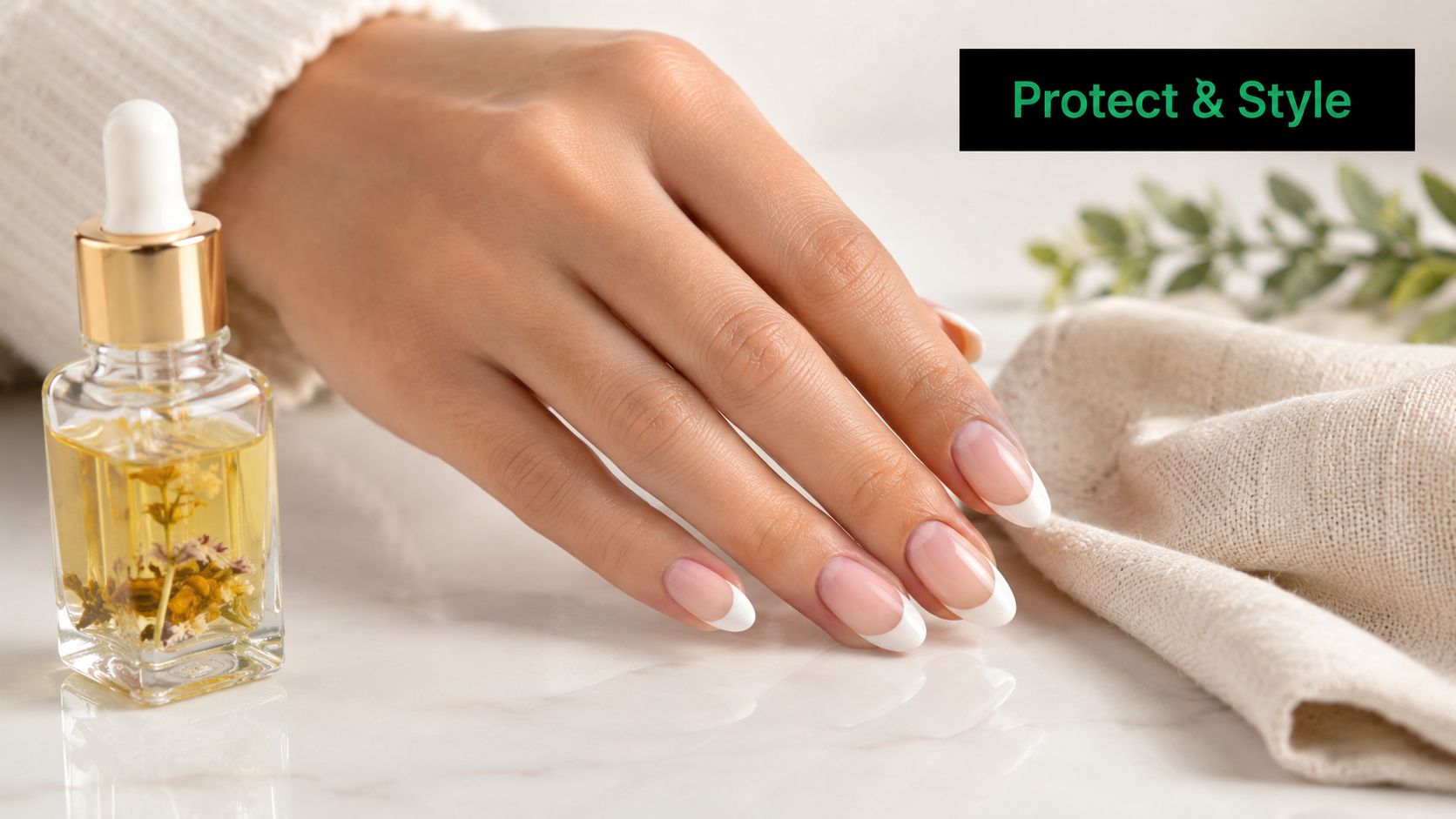 A manicured hand with french almond nails resting beside a bottle of floral cuticle oil.