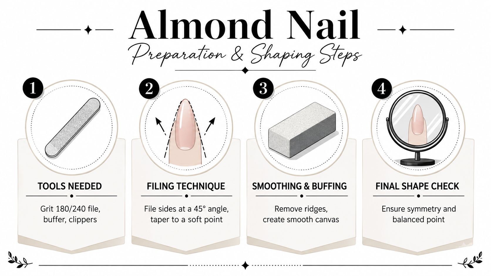 A step-by-step instructional graphic showing how to shape almond nails using files and buffers.